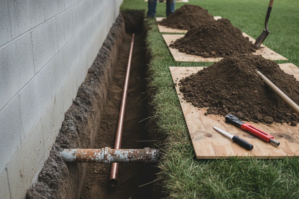 Excavated water line trench during Sewer Line Repair in Berwyn